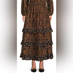 A Loves A Damask Print Voile High Rise Ruched Tiered Ruffle Maxi Skirt NWT